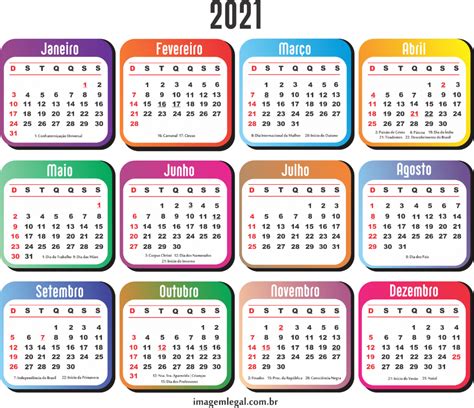 Grade Calendário 2021 Com Feriados Colorida Imagem Legal Kalender Jura