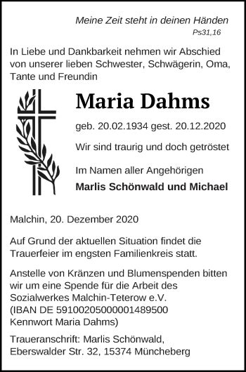 Traueranzeigen Von Maria Dahms Trauer Nordkurier