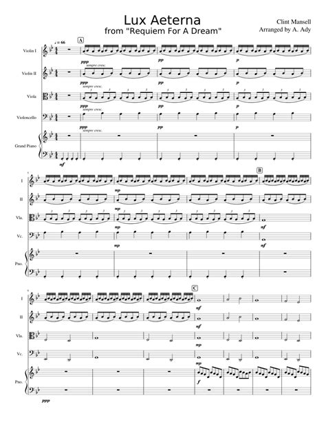 Lux Aeterna From Requiem For A Dream For String Quartet Piano Sheet