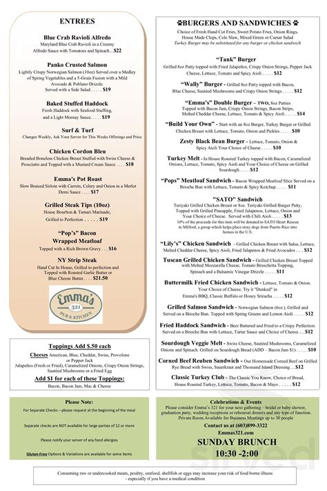 Emmas 321 Pub And Kitchen Menu In Rindge New Hampshire Usa