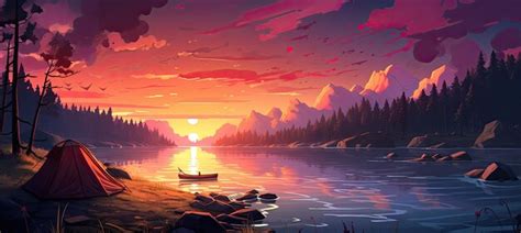 Premium AI Image | Camping on the lake at sunset Vector illustration in ...