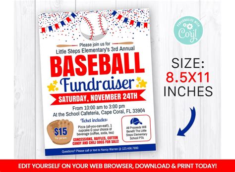 Editable Baseball Fundraiser Flyer Template Charity Non Profit Event Poster Sports Self