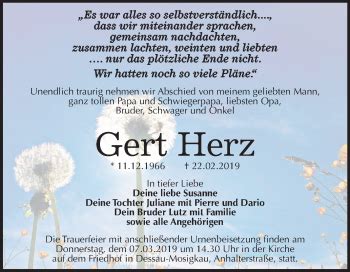 Traueranzeigen Von Gert Herz Abschied Nehmen De