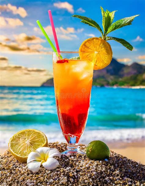 Tropical Cocktail On The Beach Sand Shore Blurred Island Landscape