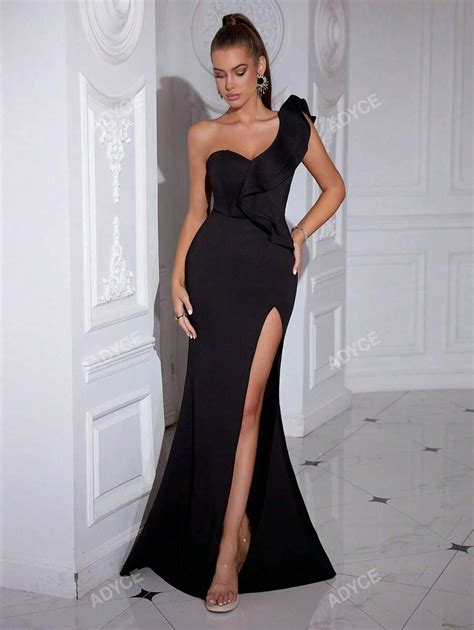 Adyce One Shoulder Ruffle Trim Split Thigh Cocktail Dress Black Elegant