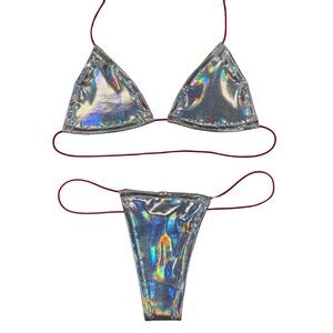 Holographic String Sets Exotic Dancewear Stripper Outfits String Stripper Bikini