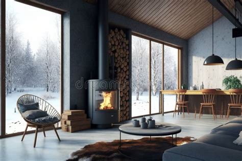 Modern Cottage Interior with Stylish Furniture and Fireplace. Winter Vacation Stock Illustration ...