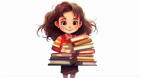 Niña sonriente sosteniendo una pila de libros Ilustración de dibujos