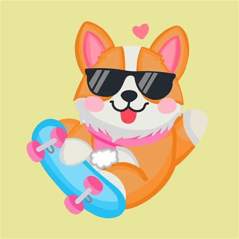 Lindo Perro Corgi Con Gafas De Sol Jugar Patineta Vector Premium