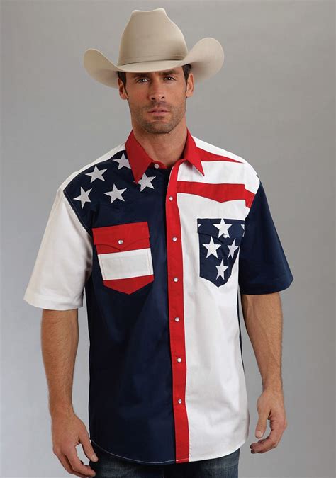 Roper Americana Mens Blue 100 Cotton S S Colorblock Flag Snap Western