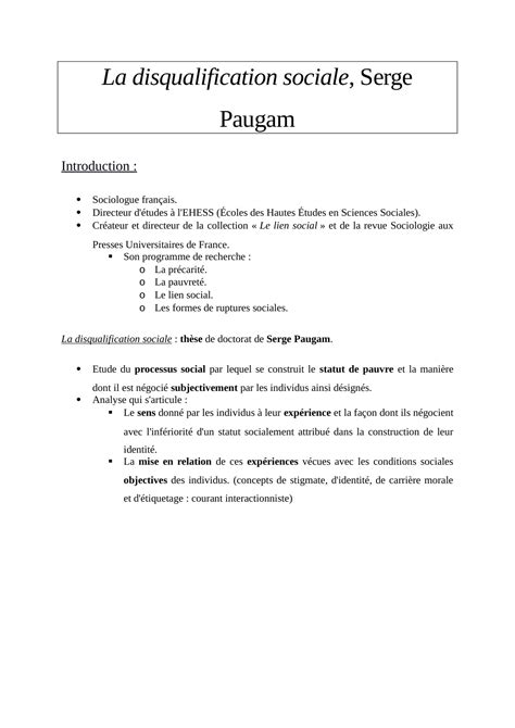 Fiche De Lecture La Disqualification Social Serge Paugam