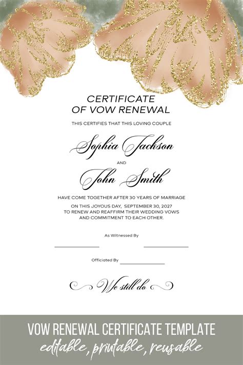 Editable Vow Renewal Certificate Template Printable Wedding Vow