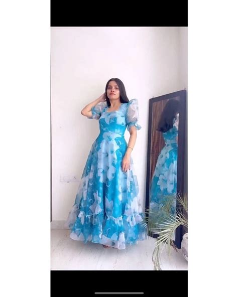 Reeta Fashion Ethereal Sky Blue Tabby Organza Digital Print Gown