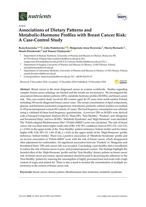 Pdf Associations Of Dietary Patterns And Metabolic Hormone Profiles