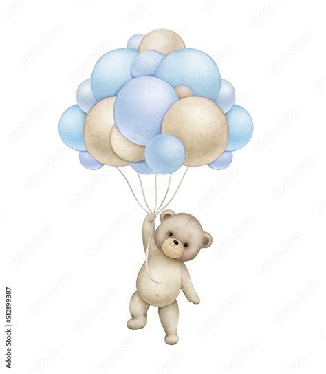 Teddy Bear With Blue Balloons Watercolor Hand Painted Illustrations