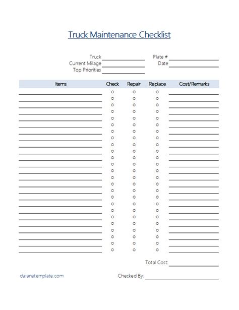 Printable Truck Maintenance Checklist Template