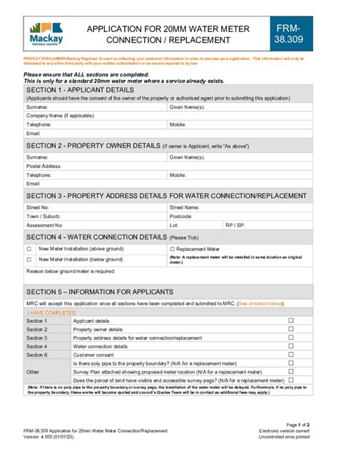 Fillable Online Application For Water Connection Water Form Fax