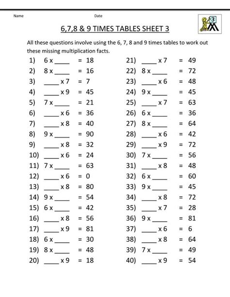 Times Tables Activity Sheets