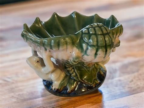 Vintage Majolica Pottery Pedestal Bowl Centerpiece Compote Green Double