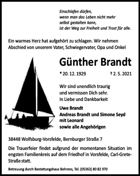 Traueranzeigen von Günther Brandt trauer38 de