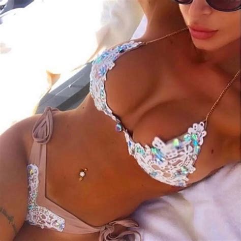 Sexy Crochet Jewel String Tie Side Halter Bikini Two Pieces Swimsuit Female Swimwear Women