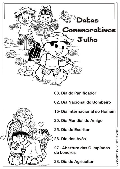 Datas de Julho Ilustrado Turma da Mônica Ideia Criativa Gi