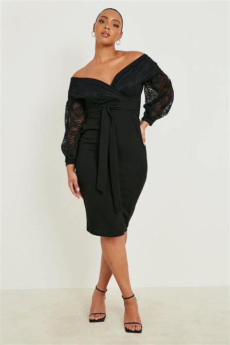 Plus Lace Off The Shoulder Wrap Midi Dress Boohoo Uk