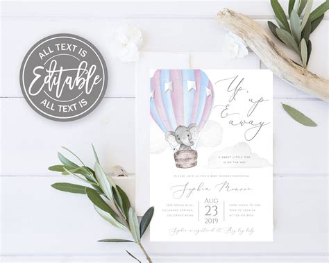 Editable Hot Air Balloon Baby Shower Invitation Template Up Up And Away
