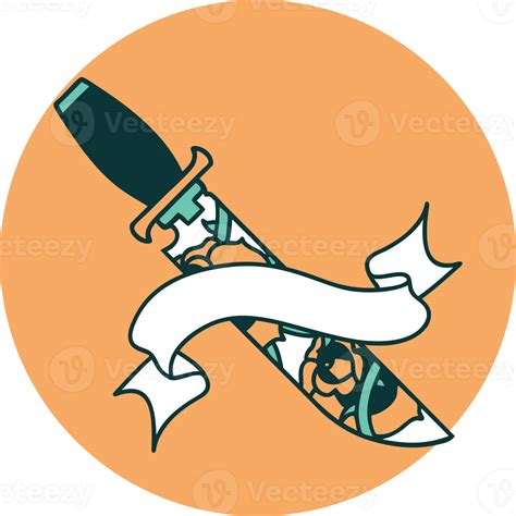 Tattoo Style Icon With Banner Of A Dagger And Flowers 40081485 Png