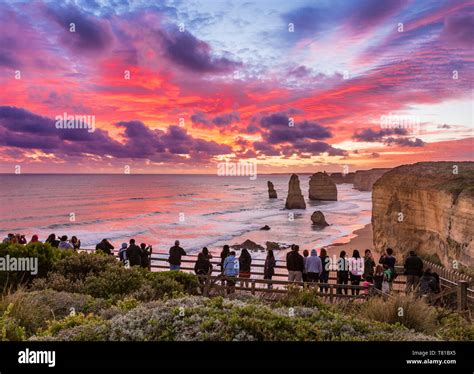 Twelve Apostles, Great Ocean Road, Australia – April 18, 2019: People looking at the stunning ...