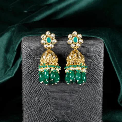 Brass Golden Fusion Arts Glass Beads Kundan Jhumka Earrings At Rs