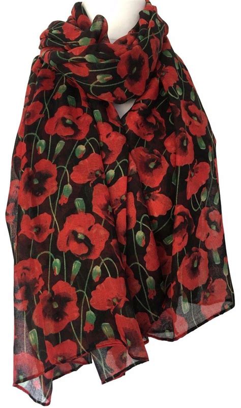 Black Poppy Scarf Ladies Large Red Flowers Wrap Floral Print Poppies