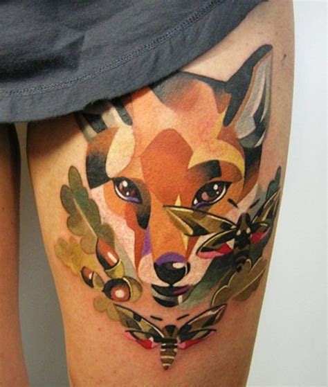 Geometric Fox Tattoo On Thigh