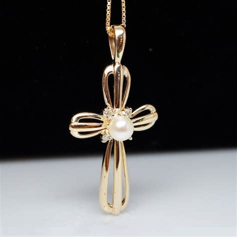 K Yellow Gold Pearl Cross Pendant Necklace By Jamiekatesjewelry