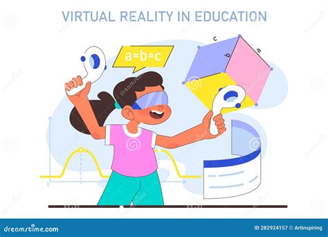 VR in Children Education. Little School Girl Gaining Knowledge with Help Stock Vector ...