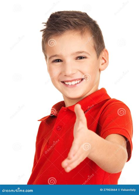 Portrait Of Smiling Boy Showing Handshake Gesture Stock Photo Image