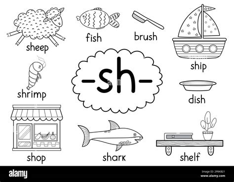 Sh Digraph Spelling Rule Black And White Educational Poster For Kids
