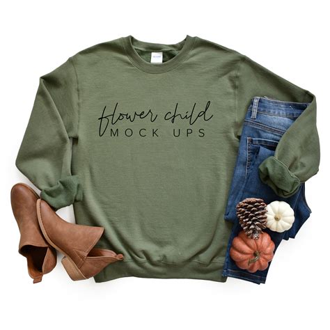 Gildan 180000 Military Green Mockup Fall Flatlay Flower Child Mock Ups