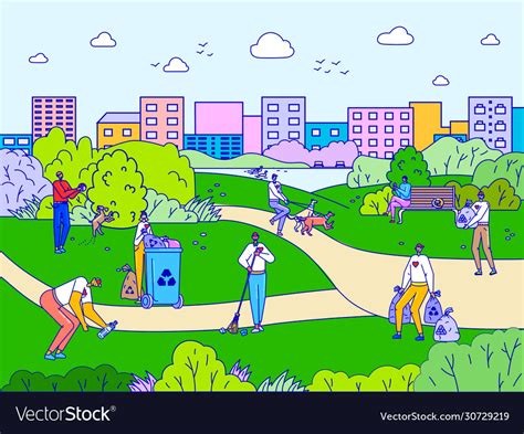 People Cleaning City Park Volunteers Cartoon Vector Image