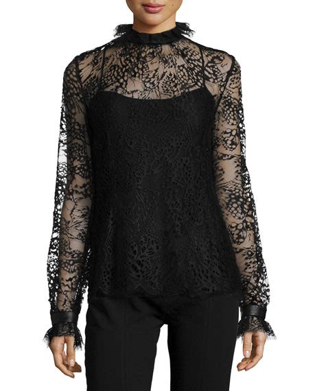 Tamara Mellon Butterfly Lace Turtleneck Blouse Black