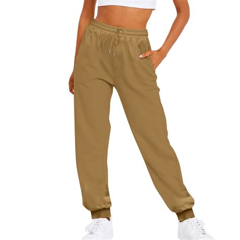 Brown Sweatpants Womens Solid Color Drawstring Elastic Waist Casual