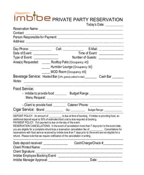 Free 10 Sample Restaurant Reservation Forms In Pdf Ms Word