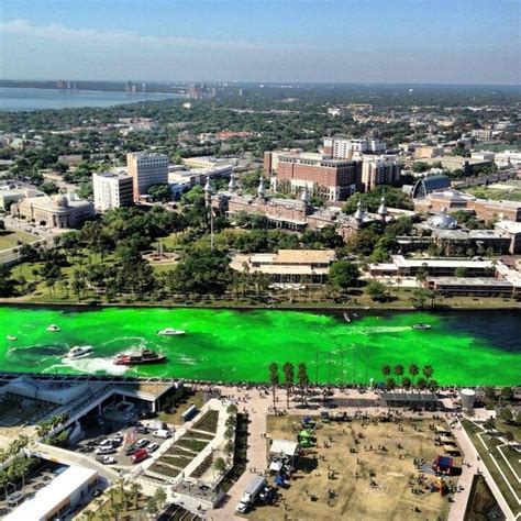 An Aerial View Of A City With Bright Green Paint On The Water And