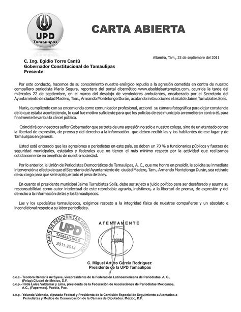 Carta Abierta Al Gobernados De Tamaulipas Upd Noticia