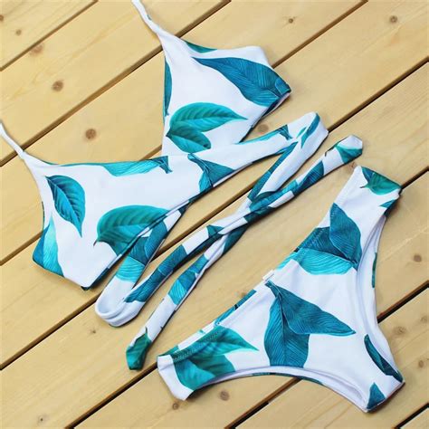 2018 Leaf Pattern Bandage Bikini Set Criss Cross Tie Sexy Bikinis