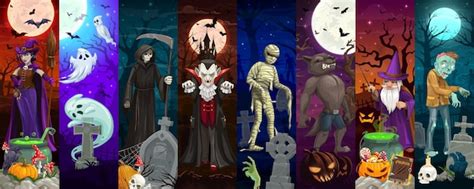 Cartoon Halloween Figuren Collage Mit Gruseligen Monstern Des Horror