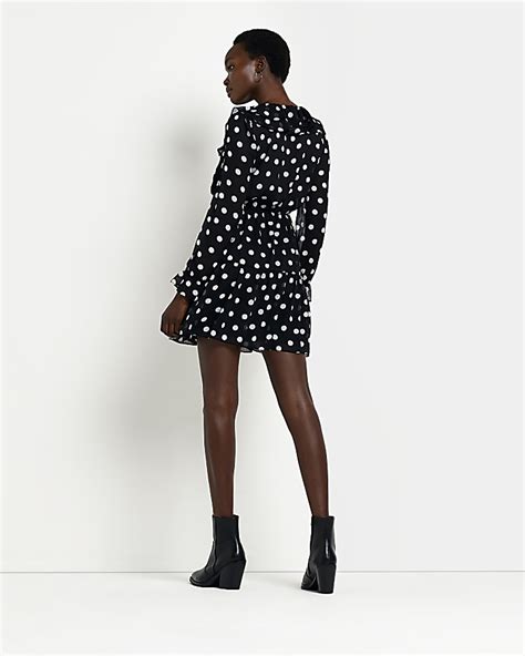 Black Long Sleeve Polka Dot Frill Mini Dress River Island