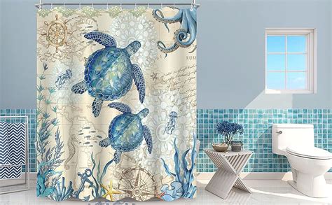 Aipon Nautical Sea Turtle Shower Curtain Octopus Ocean Blue