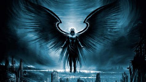 Download A Dark Angel With Wings Flying Over A City