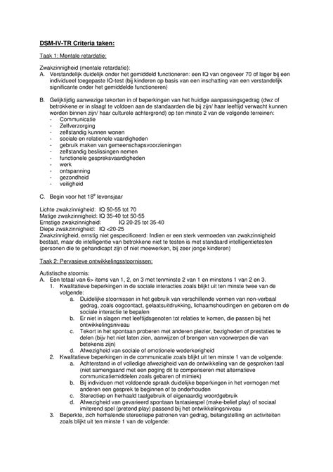 Samenvatting Dsm Iv Tr Dsm Iv Tr Criteria Taken Taak Mentale